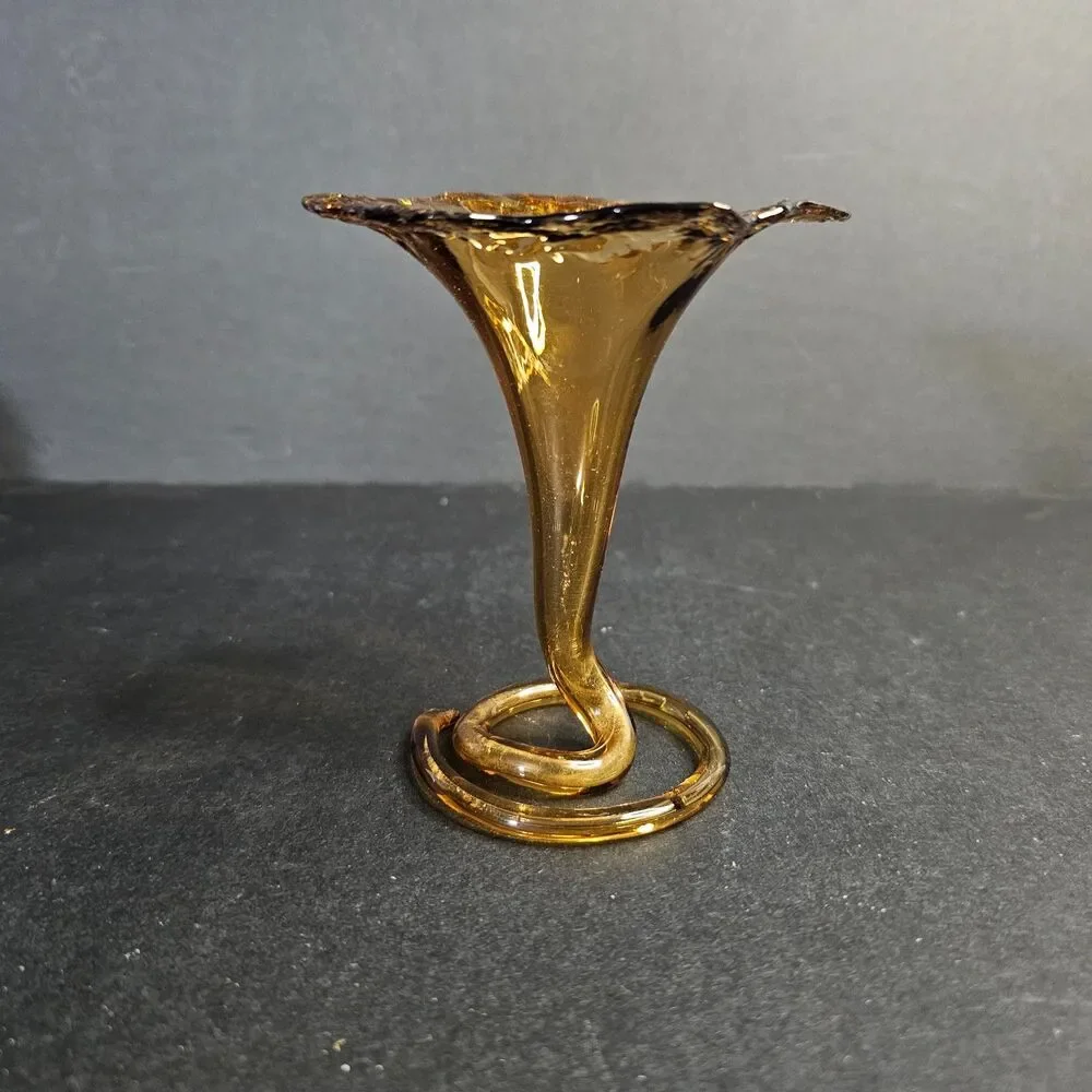 Vintage Hand Blown Trumpet Bud Vase Amber Art Glass Small Flower Vase 4